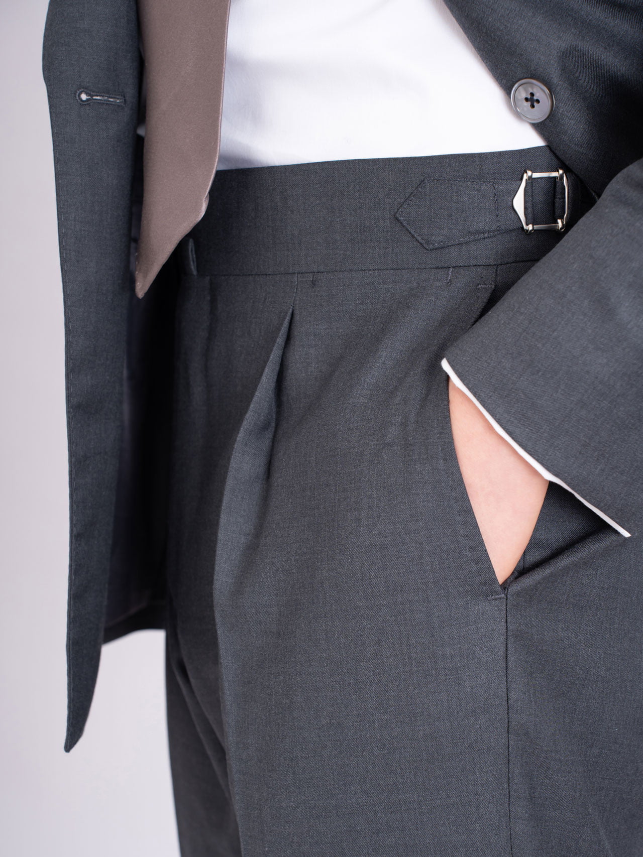 A close up of a man's pocket in a Grey Suit, Australian Wool.