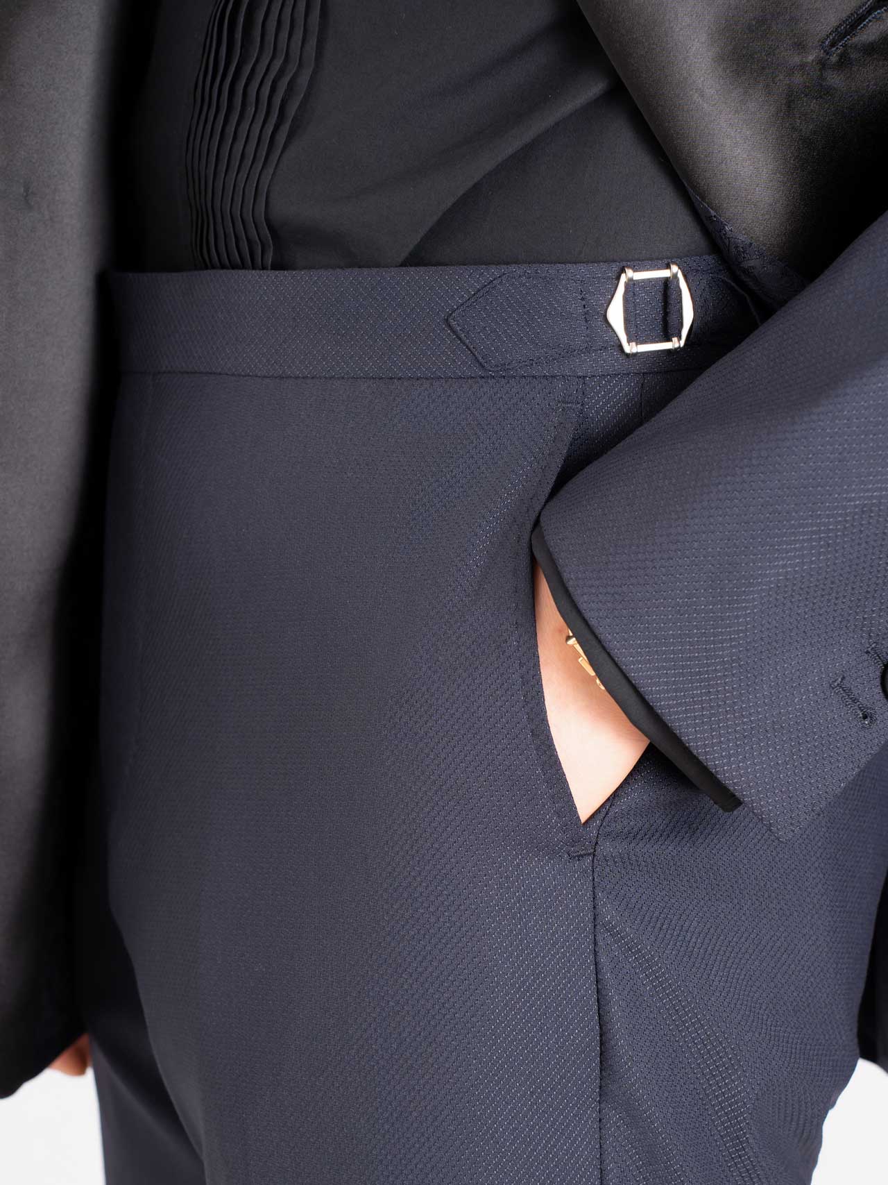 A close up of a man's pocket in a Midnight blue Tuxedo, Australian Wool/Polyester.