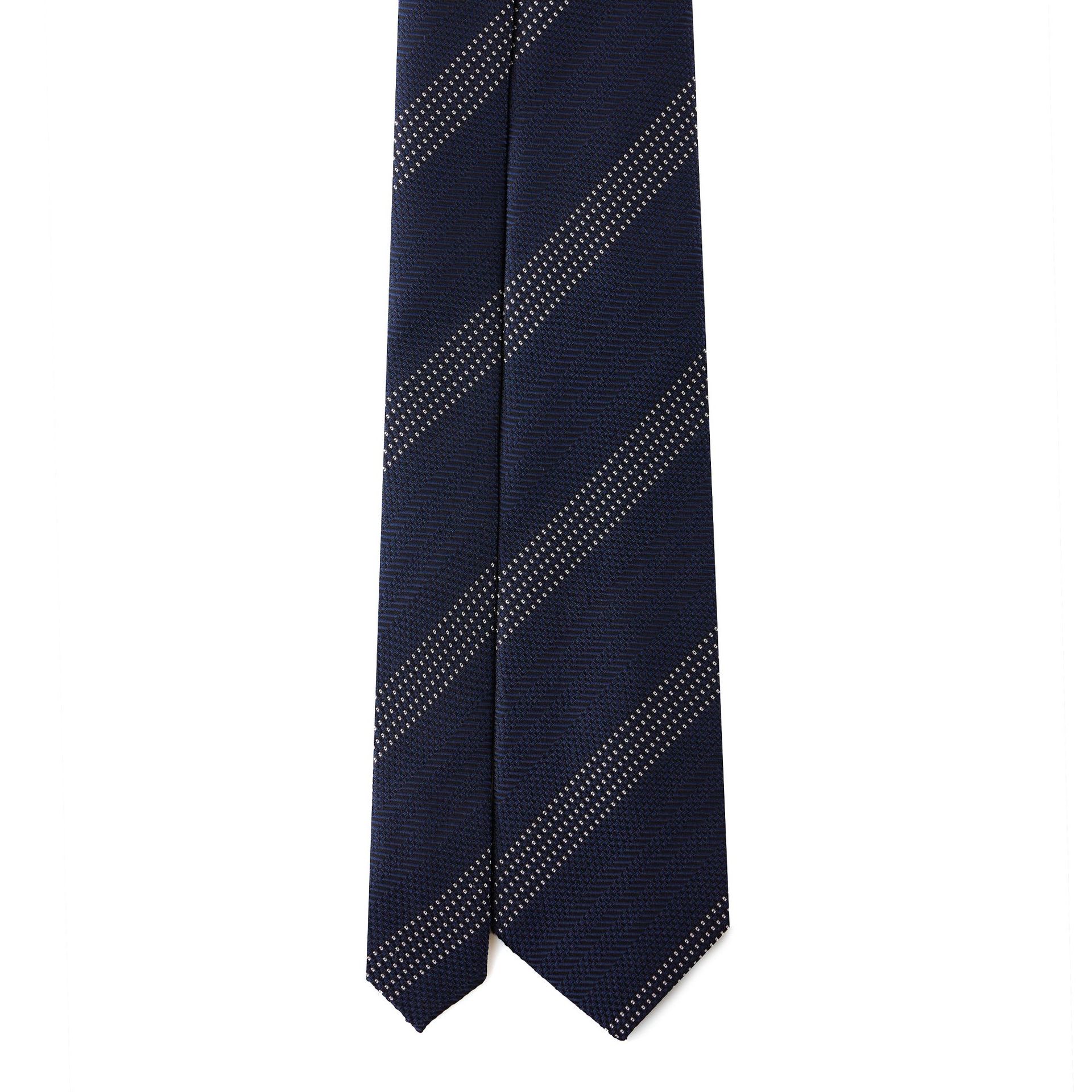 Navy blue tie with diagonal stripes and dotted pattern on a white background.