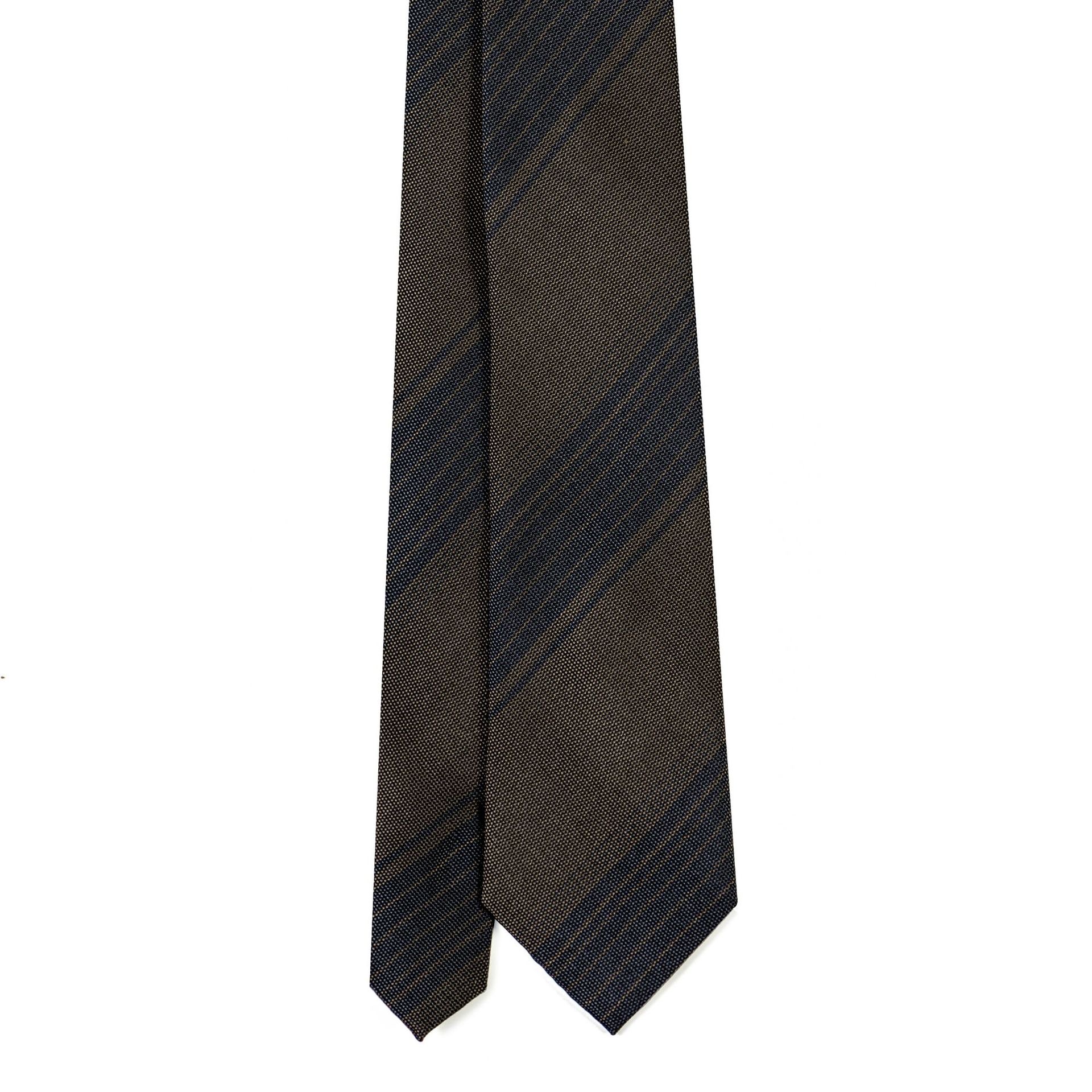 Brown and navy striped necktie isolated on white background.