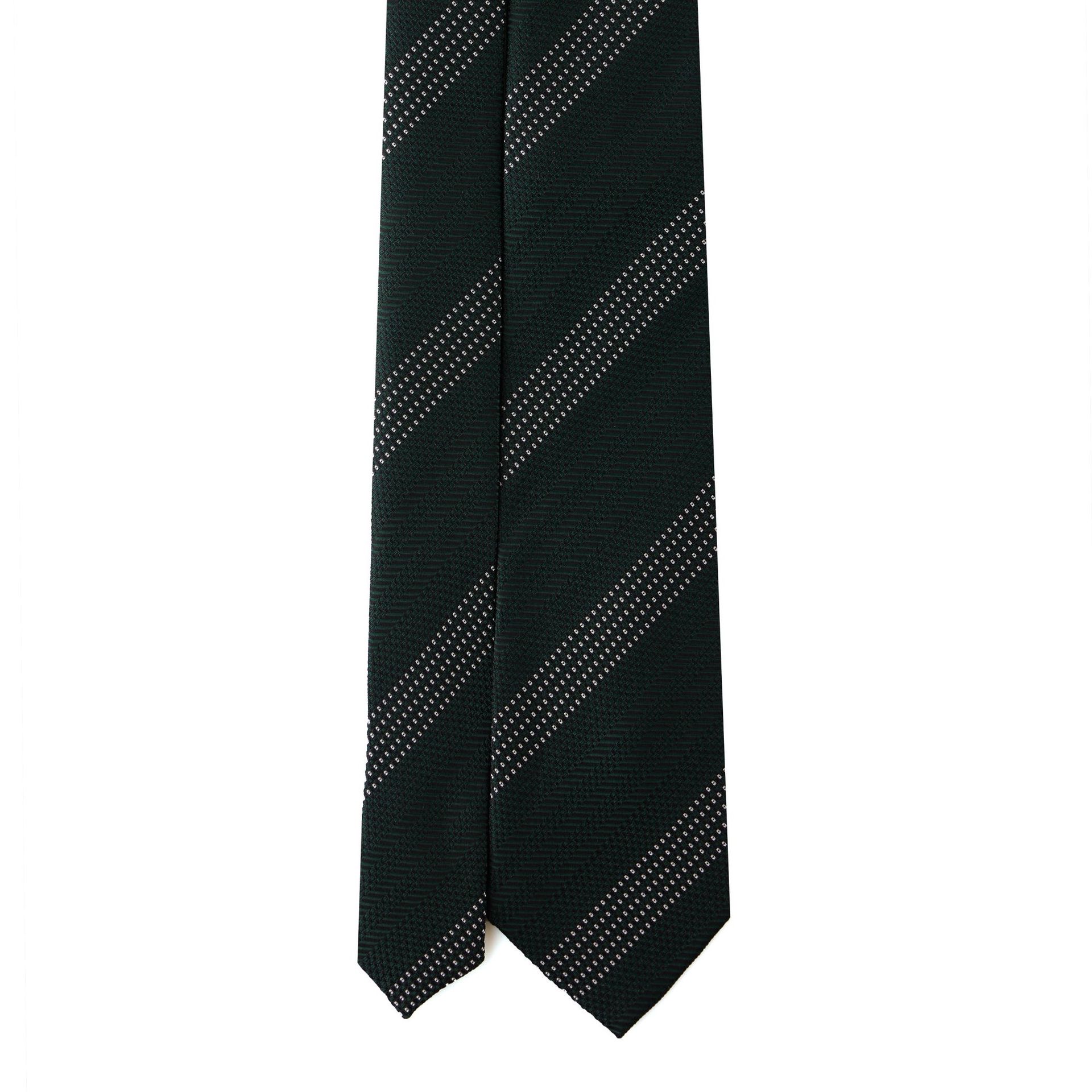 Black tie with diagonal white stripes against a white background.