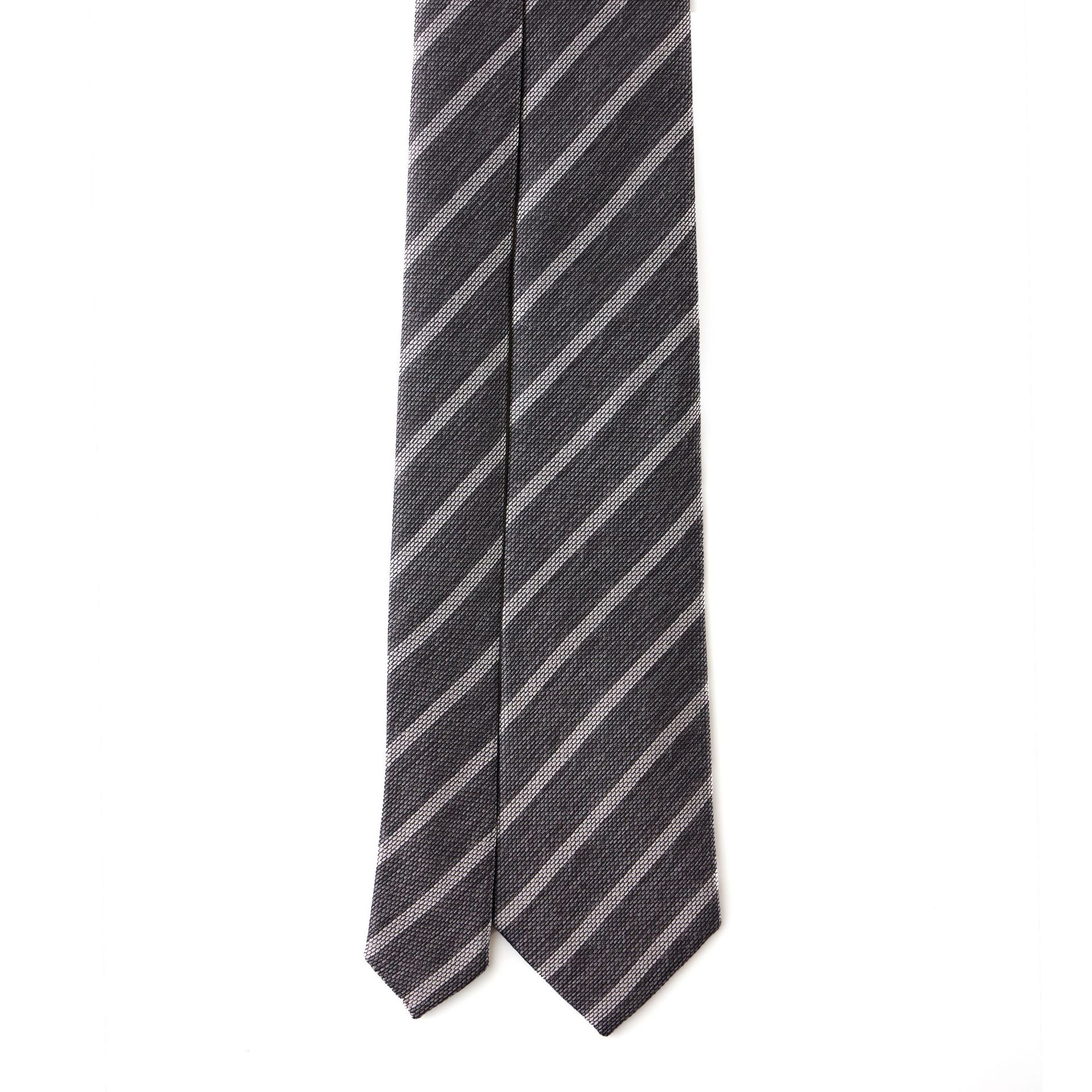 Gray striped necktie on a white background.