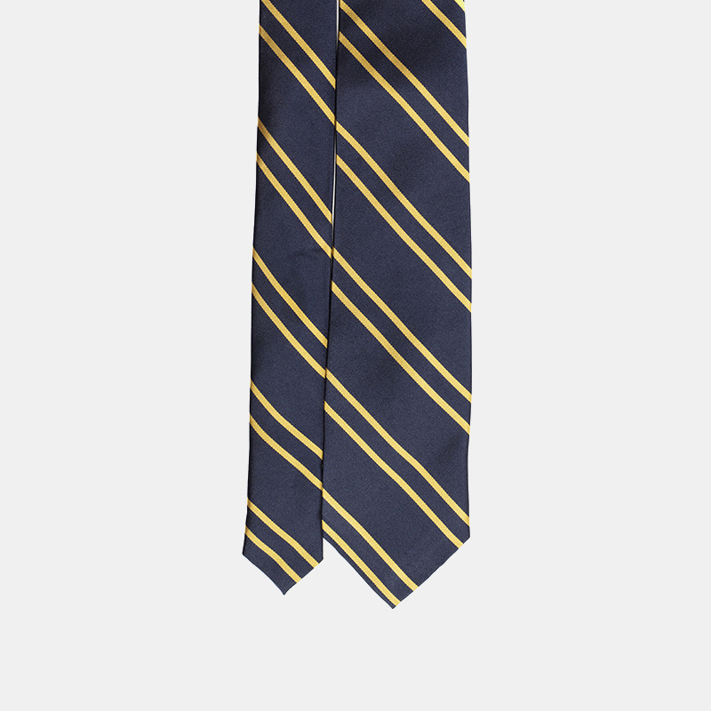 Navy blue tie with diagonal yellow stripes.