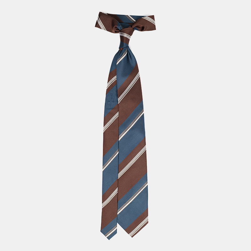 A diagonally striped tie in shades of blue and brown.