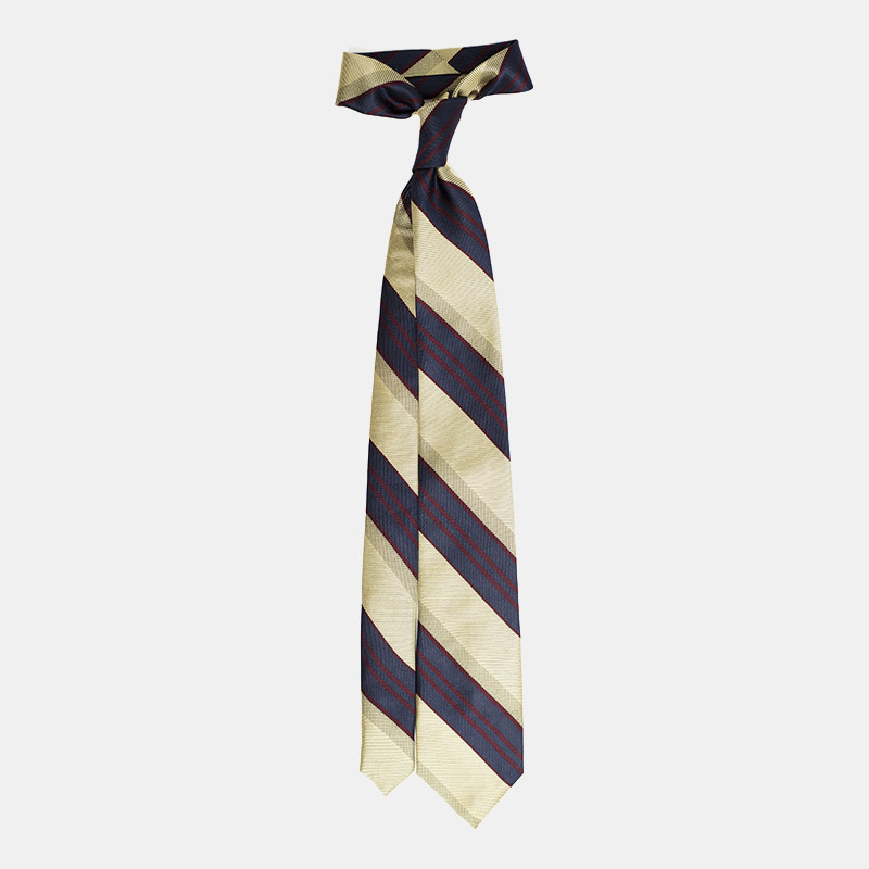 Striped necktie with a windsor knot against a white background.