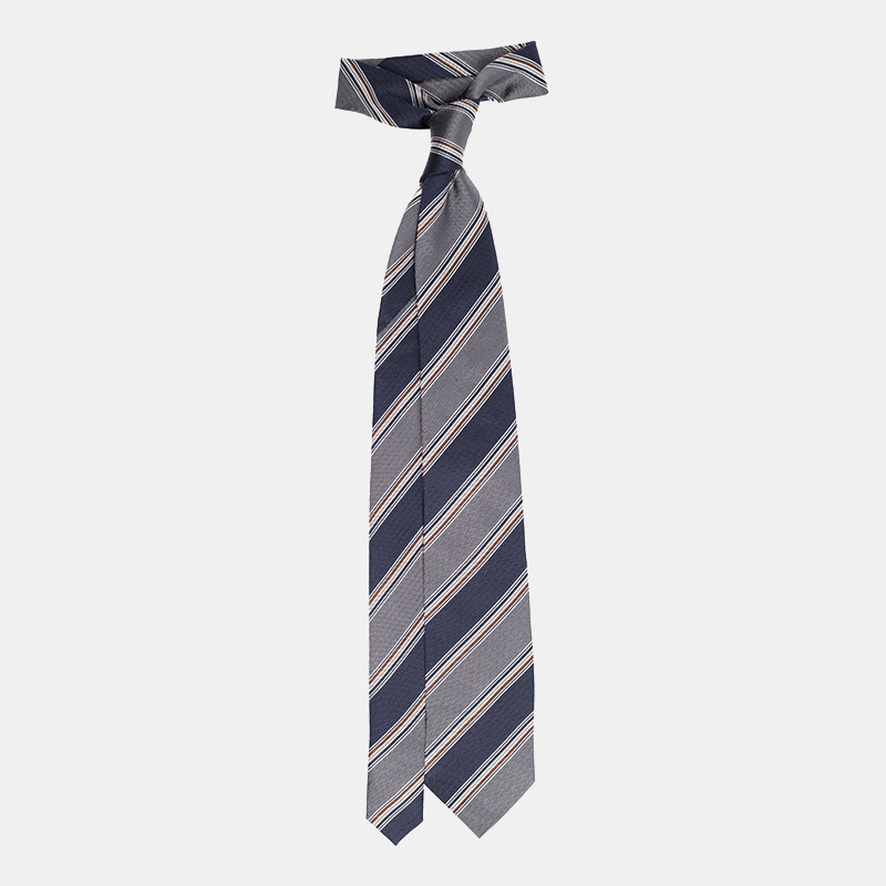 Striped necktie with a windsor knot against a white background.