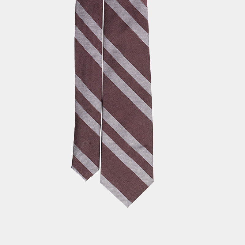 Striped necktie with alternating maroon and white diagonal stripes against a white background.