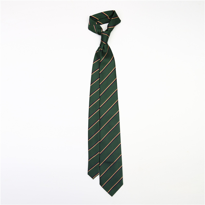 A diagonally striped green necktie against a white background.