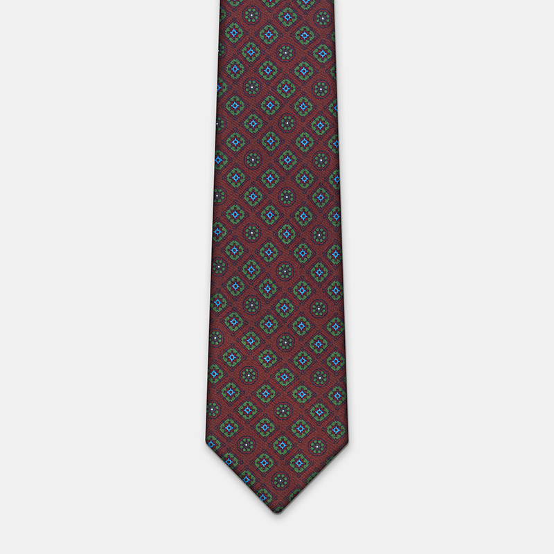 Silk tie, n°137 with colorful geometric patterns, perfect for wearing with a white ceremony shirt.