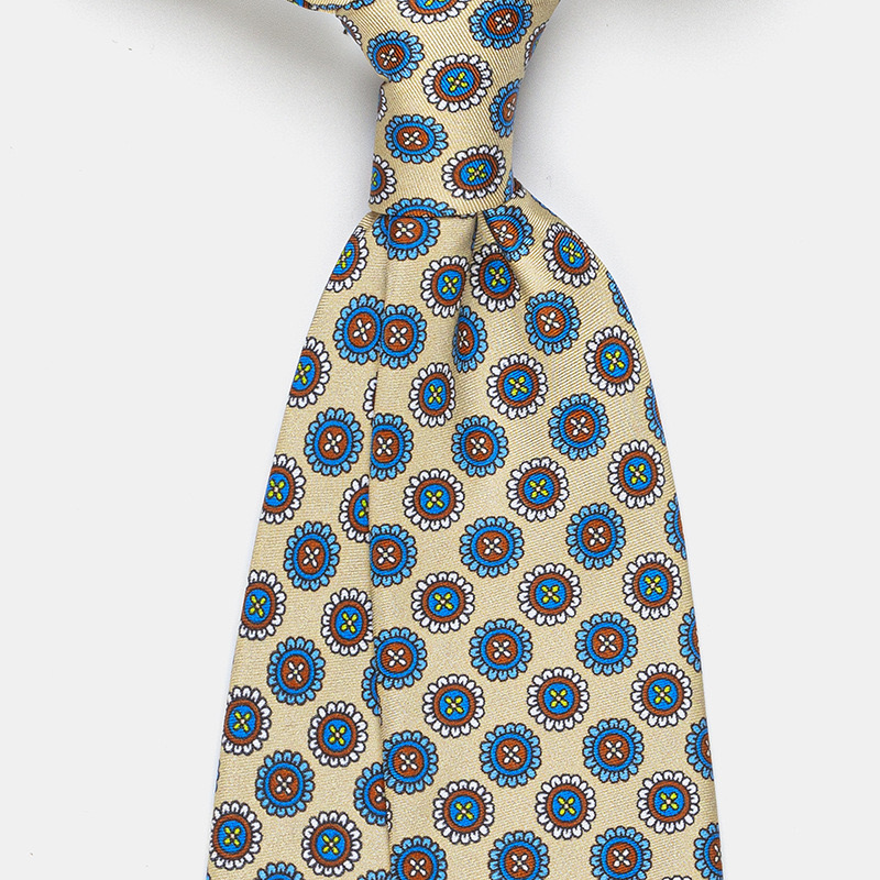 Beige Silk tie, blue with flower with floral design