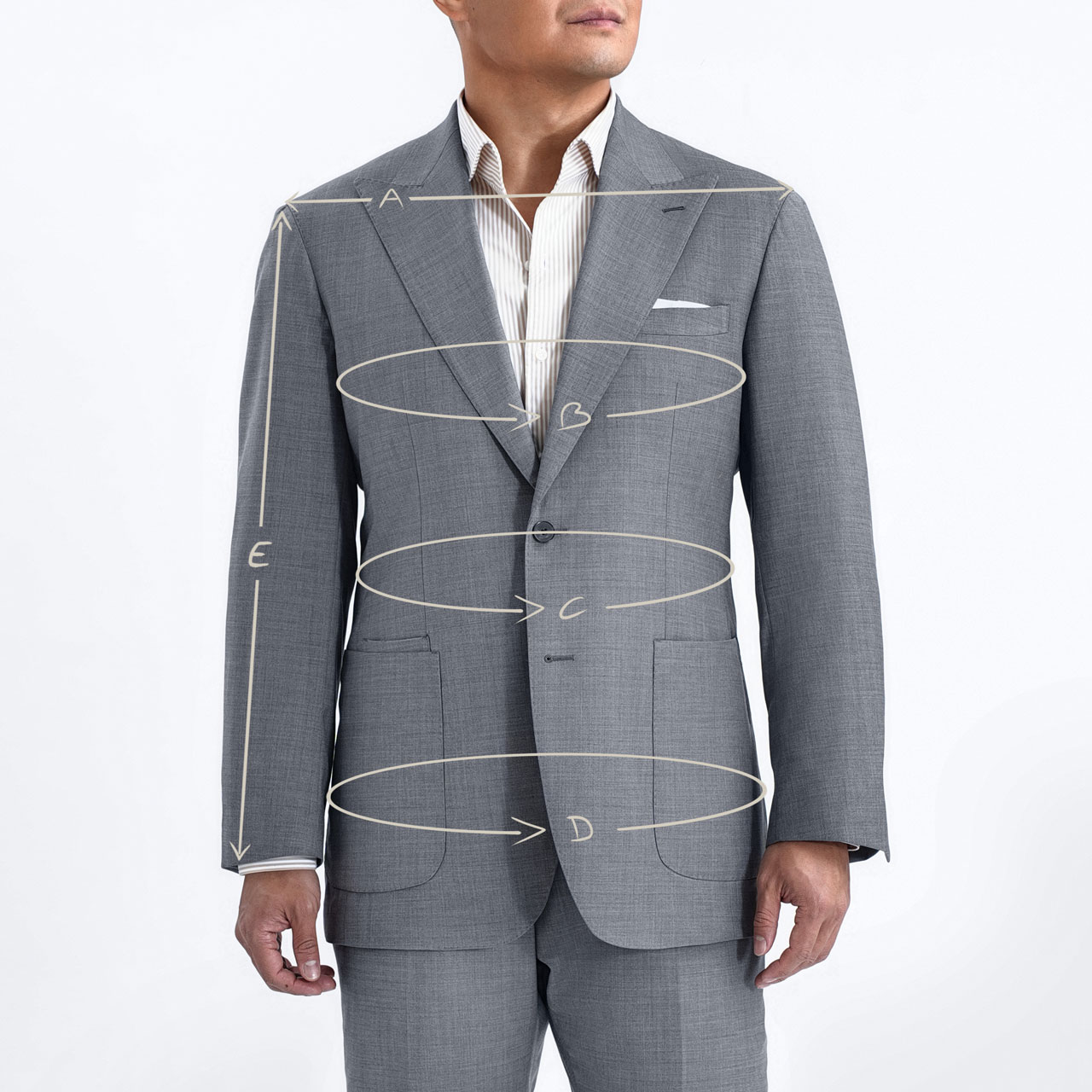 Size chart guide using the picture of a man wearing a tailored gray suit marked with annotations for tailoring adjustments.