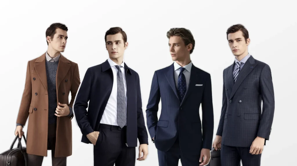 Four men stand in a row, each wearing different styles of business attire, including suits, ties, dress shirts, and coats, against a plain white background. Craft your wardrobe